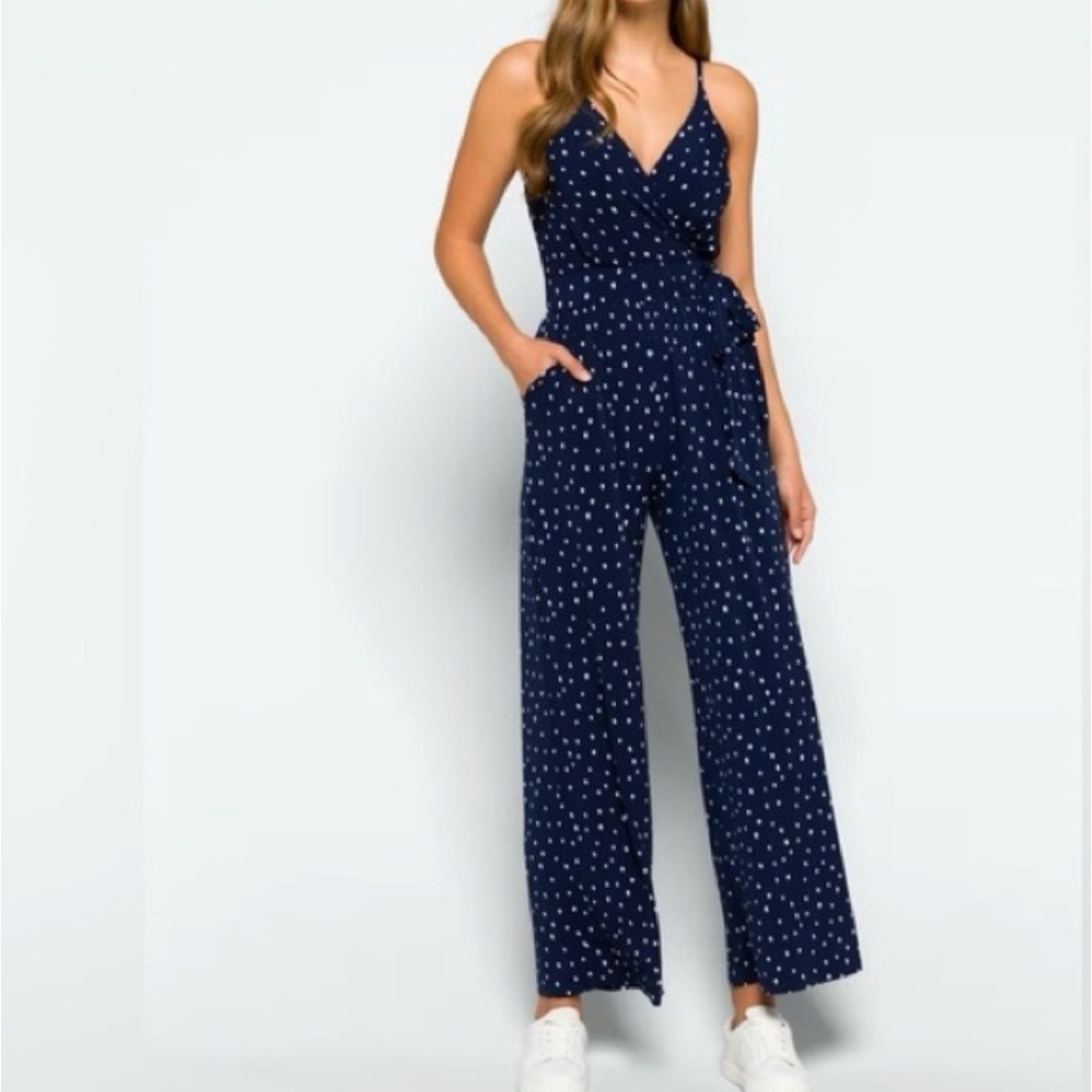 Kaileigh Navy Blue White Petal Print Wrap V-Neck Wide Leg Jumpsuit Womens Med
